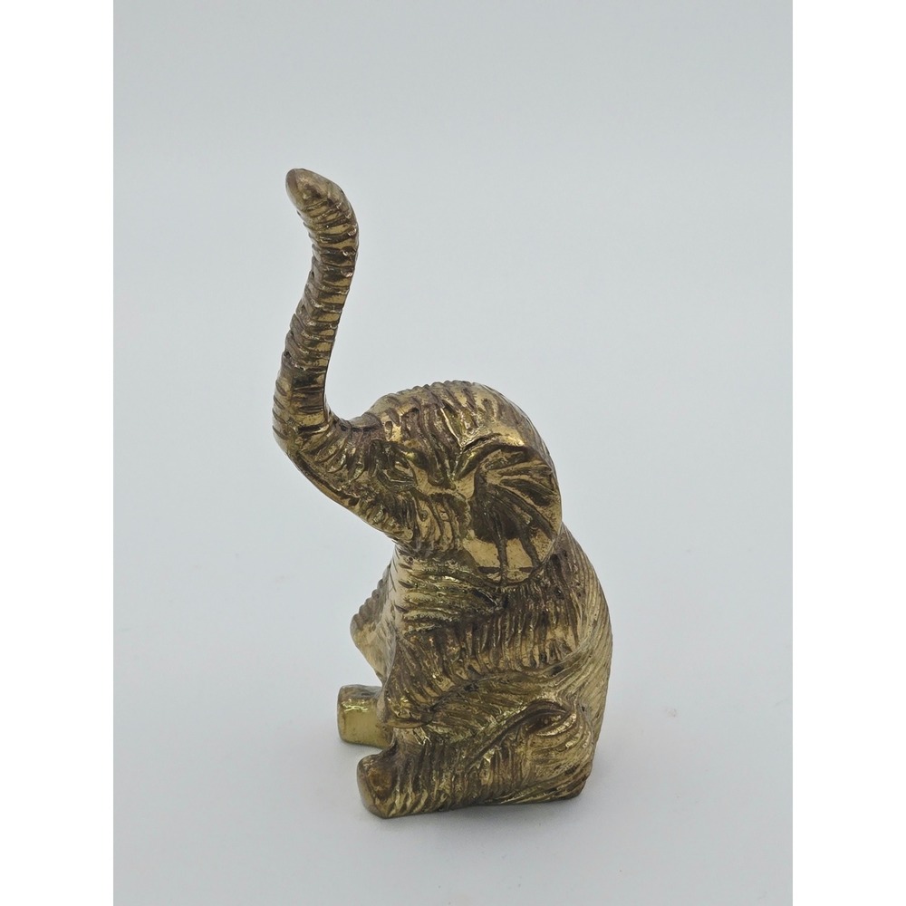 Vintage Solid Brass Sitting Elephant Figurine Trunk Up Ring Holder Made in India